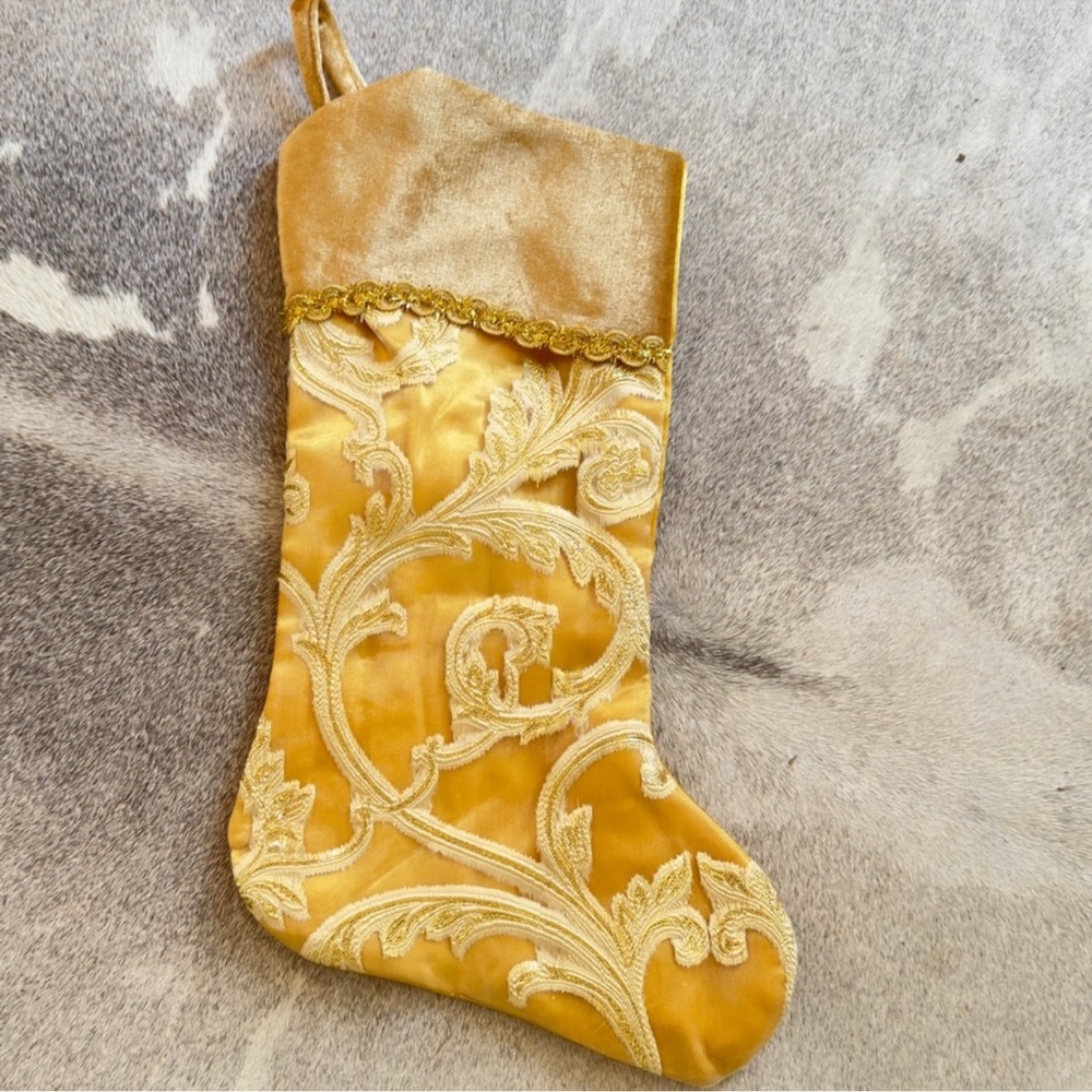 20.5" Gold Glittered Leaf Flourish Organza Christmas Stocking w Velveteen Cuff